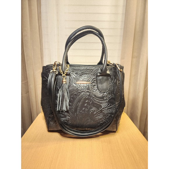 Black Zippered Floral Embossed Tooled Artisan LEATHER Hobo Bag Purse Artesanal - Picture 13 of 16